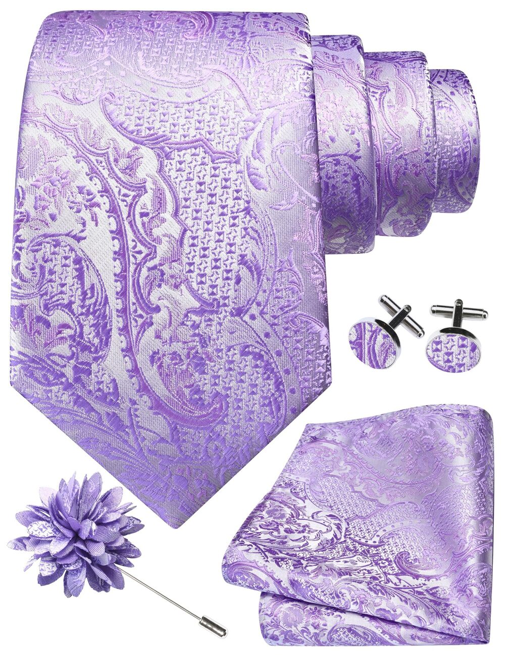 1926 Lavender Tie Set Silk Paisley Purple Necktie Pocket Square Cufflinks